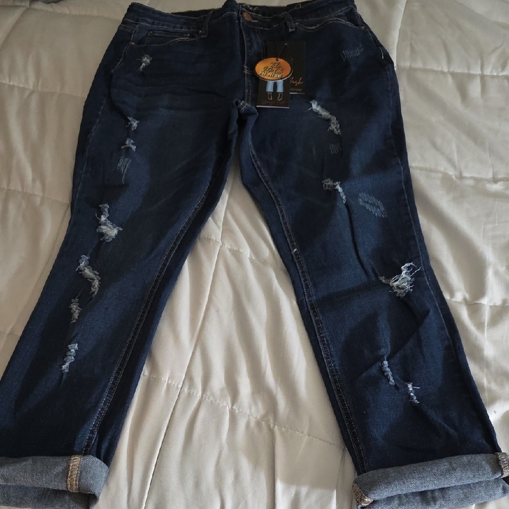NEW Copperflash High Rise Slim Straight Distressed Jeans in Dark Blue Size 14W
